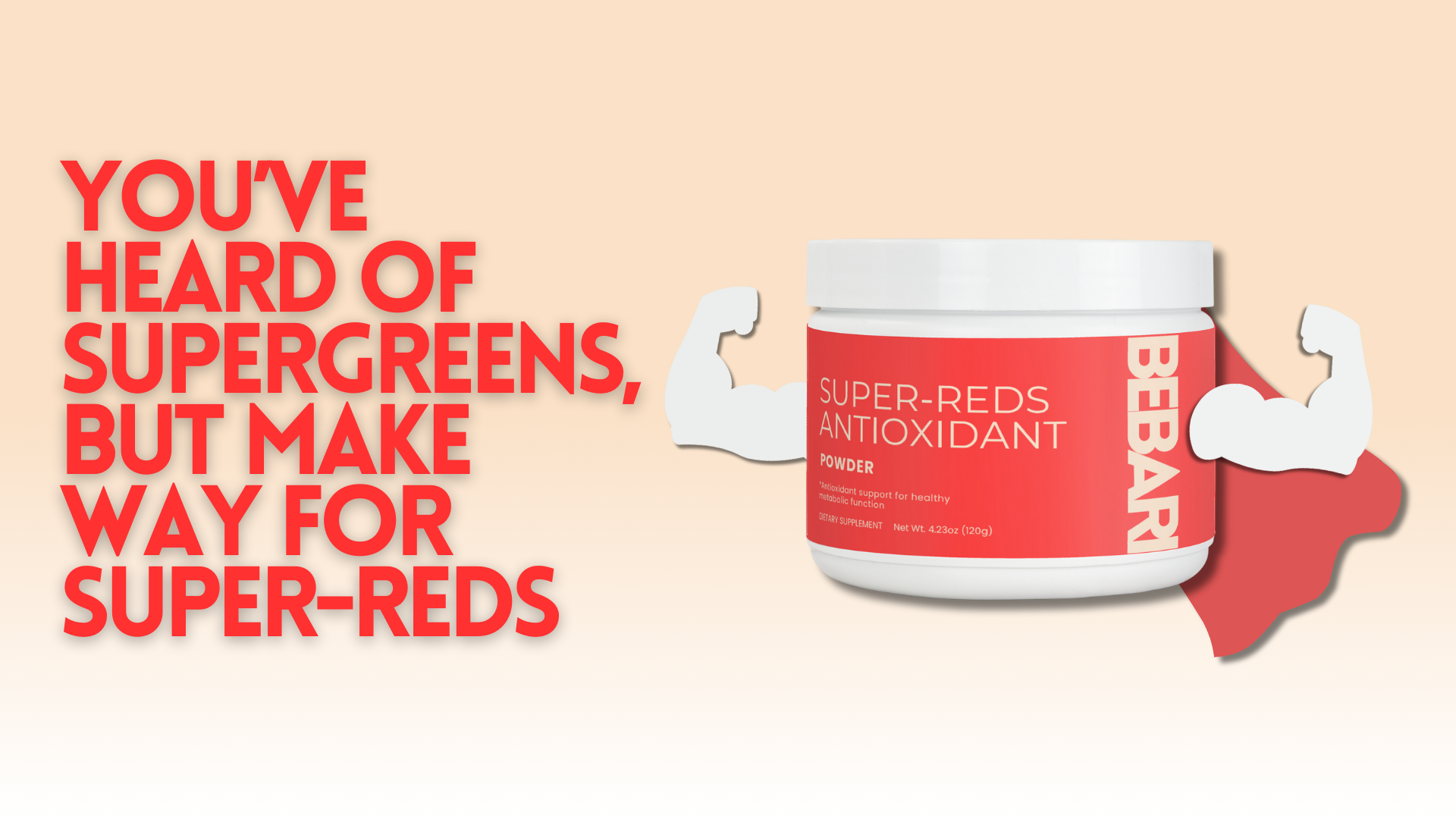 Supplement container labeled 'Super Reds' with promotional text on a beige background