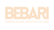 BEBARI logo with tagline 'healthy boost, just a few scoops' on a white background